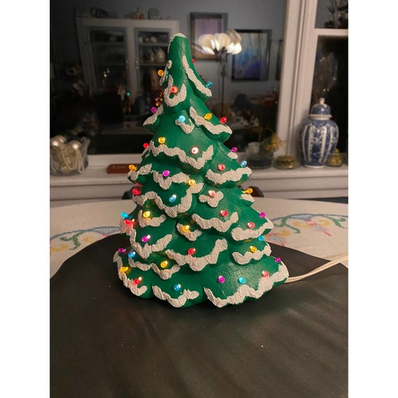 Handmade Ceramic Christmas Tree, Bright Matte Green with White Snow Accents - Picture 6 of 12